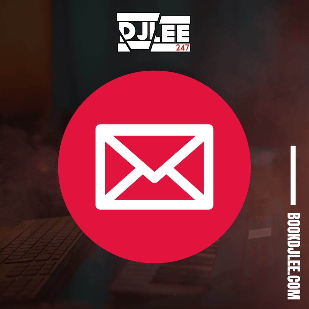 Email icon on a red circle background with the DJLee logo and website information.7uk@gmail.com